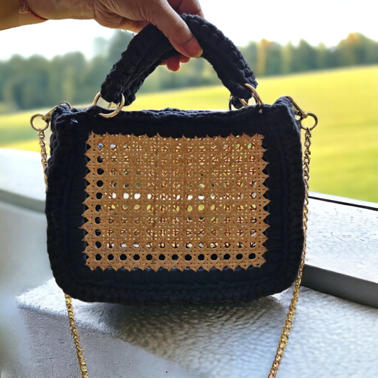 Shiroli Handmade Cane Webbing Black Crochet Handbag - Image 3