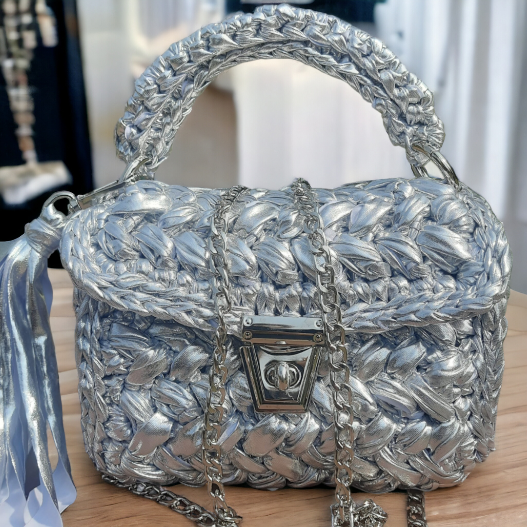 Shiroli Handmade Designer All Metallic Slivery  Crochet Bag - Image 11