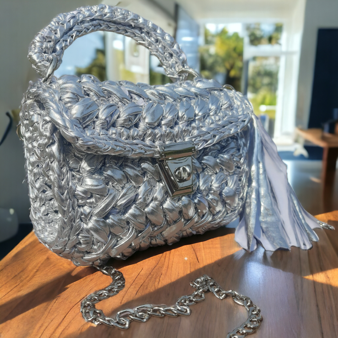 Shiroli Handmade Designer All Metallic Slivery  Crochet Bag - Image 8
