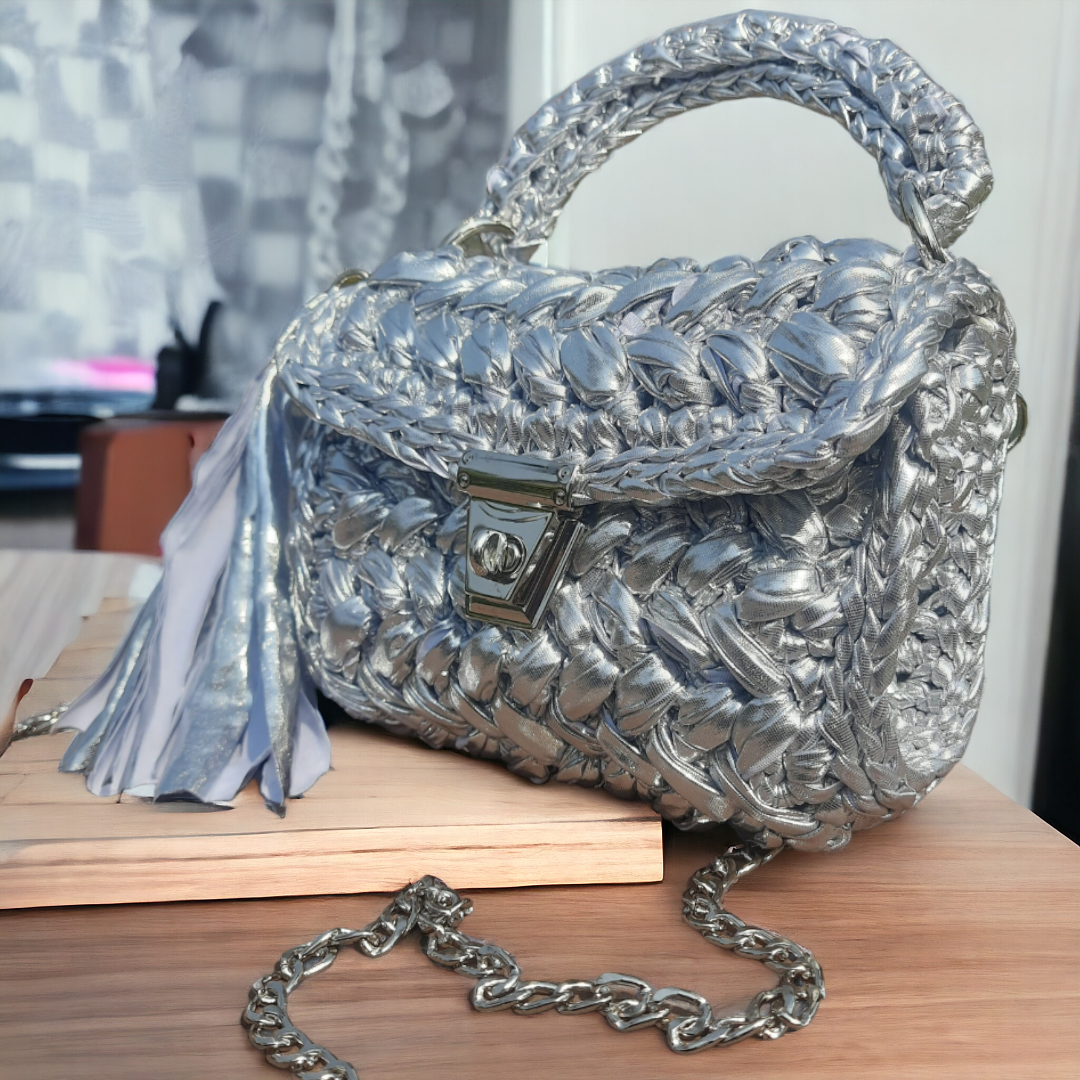 Shiroli Handmade Designer All Metallic Slivery  Crochet Bag - Image 9