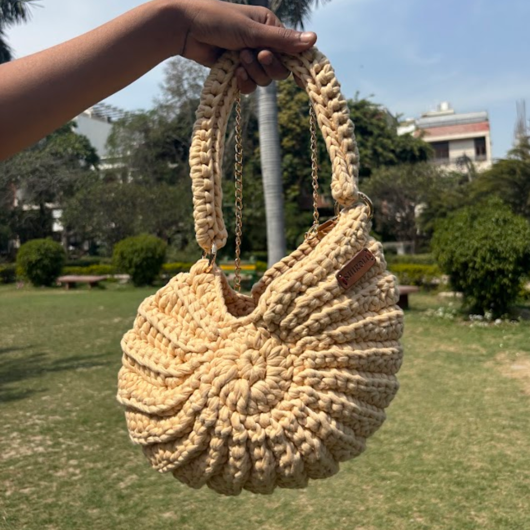 Shiroli Handmade Designer Beige Shell Crochet Sling Bag