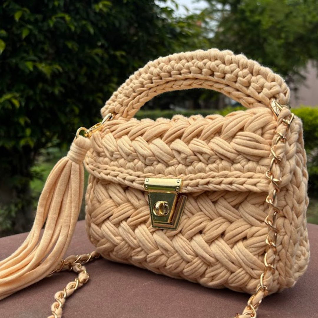 Shiroli Handmade Designer Beige Crochet Bag - Image 4