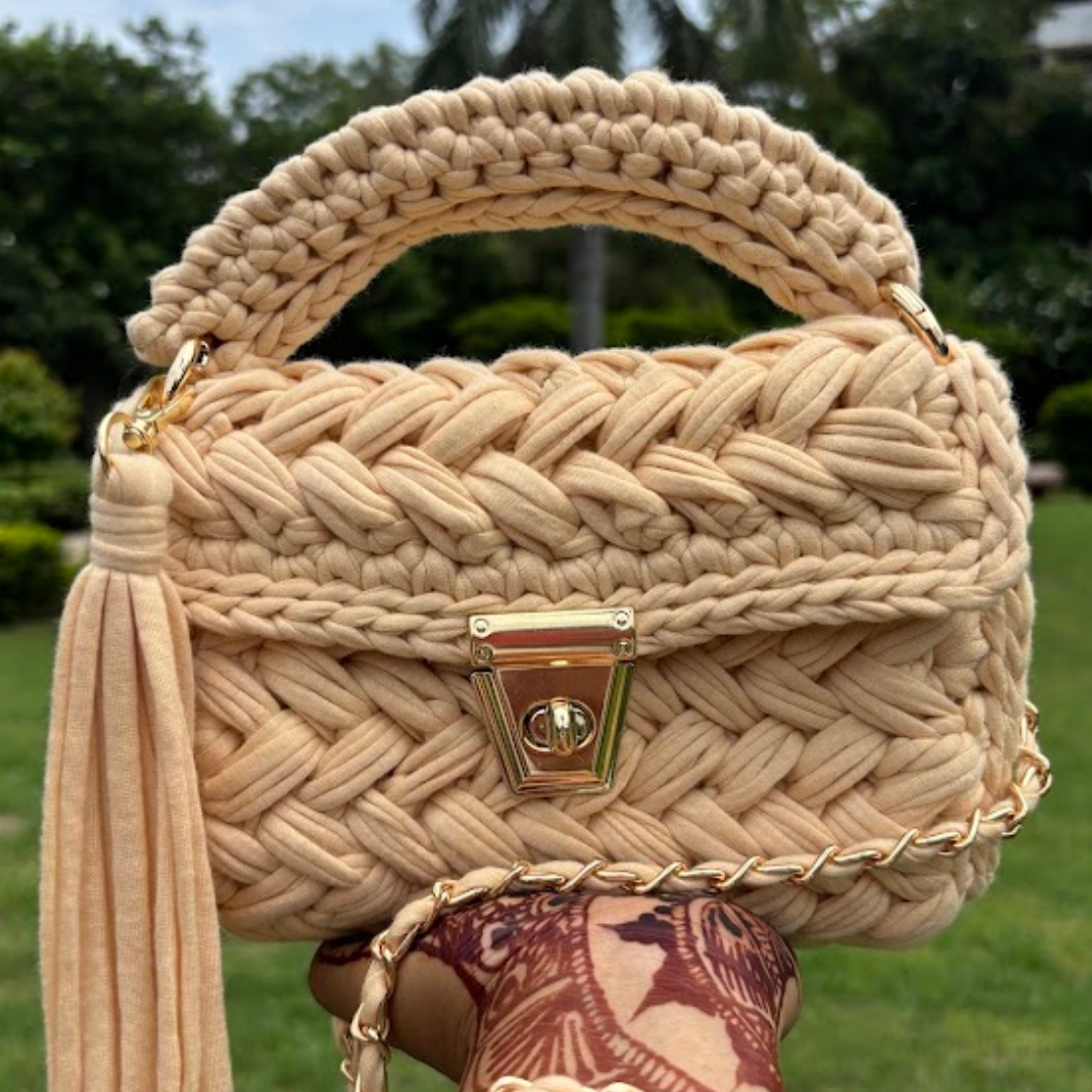 Shiroli Handmade Designer Beige Crochet Bag - Image 1