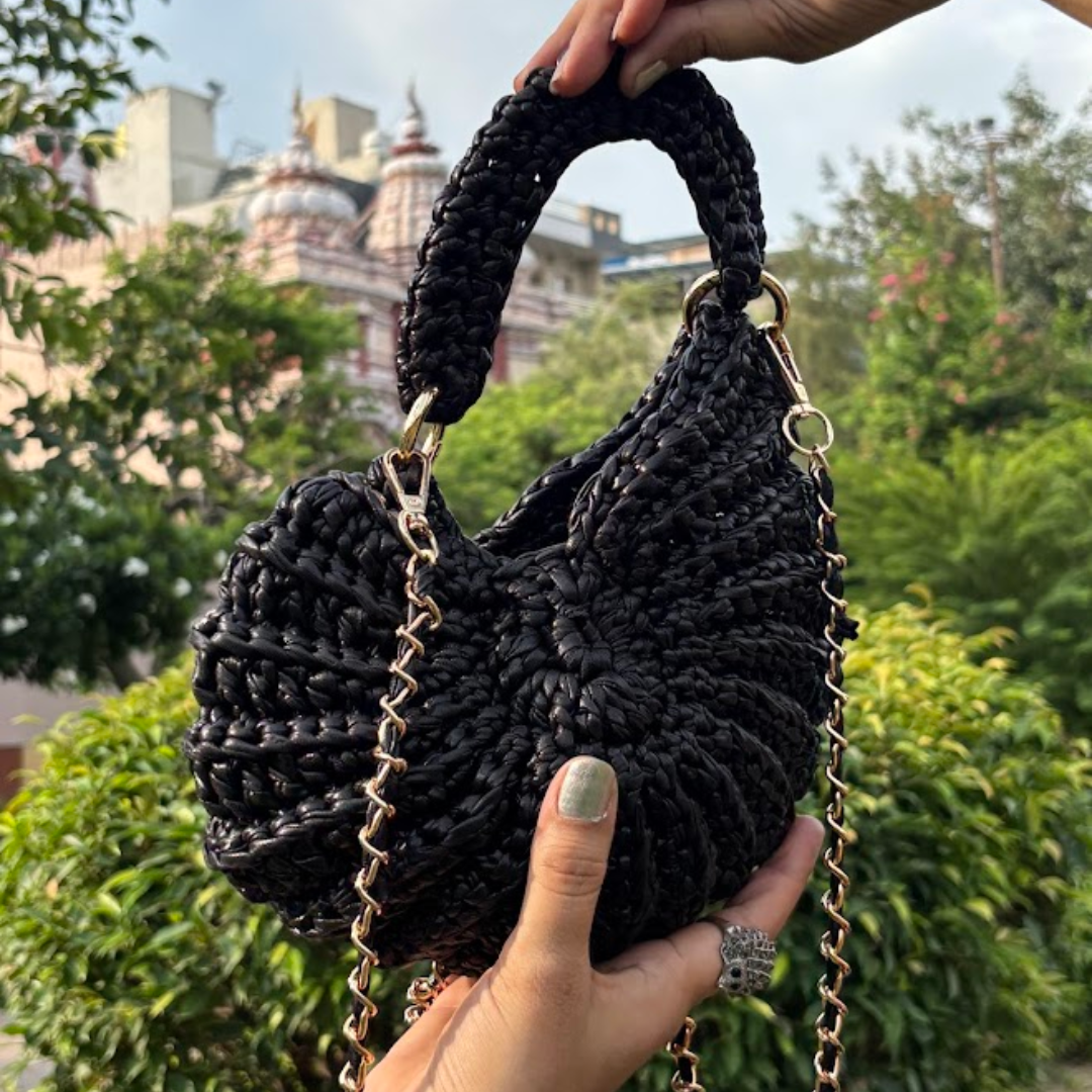 Shiroli Handmade Designer Metallic Black - Shell Crochet Bag- Image 1