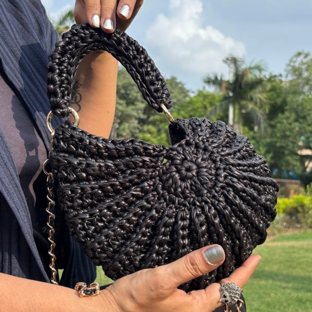 Shiroli Handmade Designer Metallic Black - Shell Crochet Bag- Image 2