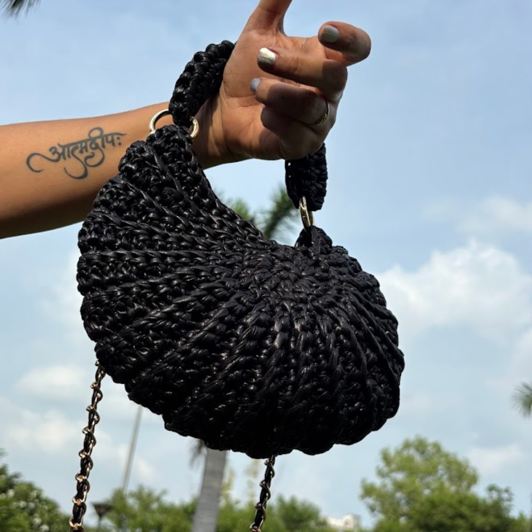 Shiroli Handmade Designer Metallic Black - Shell Crochet Bag- Image 3