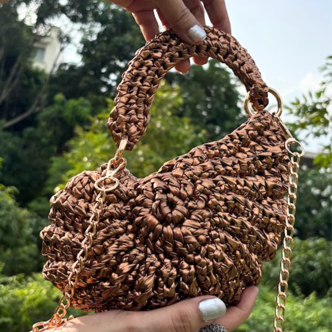 Shiroli Handmade Designer Metallic Copper- Shell Crochet Bag- Image 3