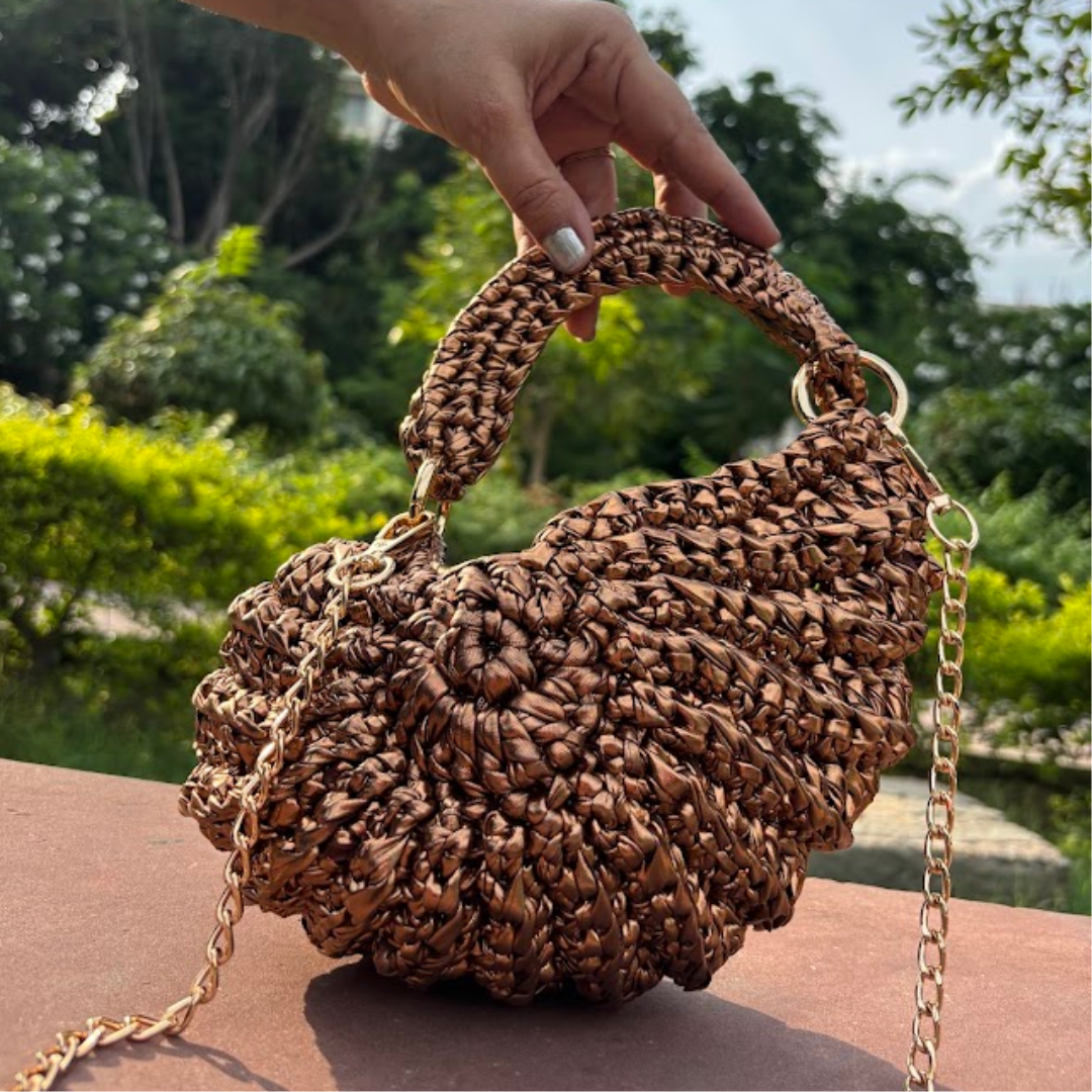 Shiroli Handmade Designer Metallic Copper- Shell Crochet Bag- Image 5