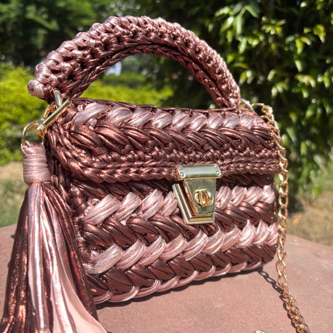 Shiroli Handmade Designer Metallic Copper Rose Crochet Bag- Image 2