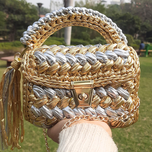 Shiroli Handmade Designer Metallic Gold &  Silver Crochet Bag- Image 5