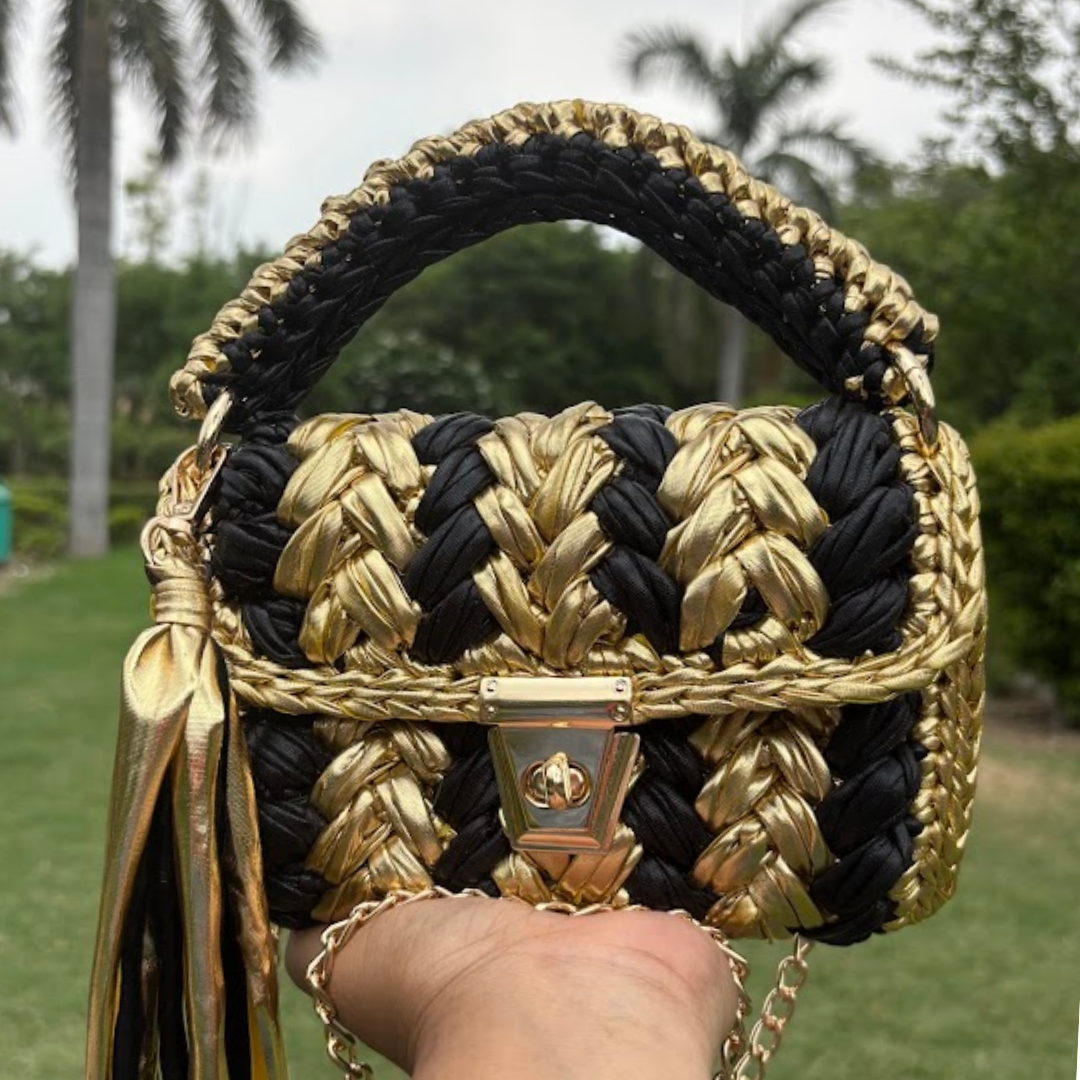 Shiroli Handmade Designer Metallic Gold and Black Stripes Crochet Bag- Image 4