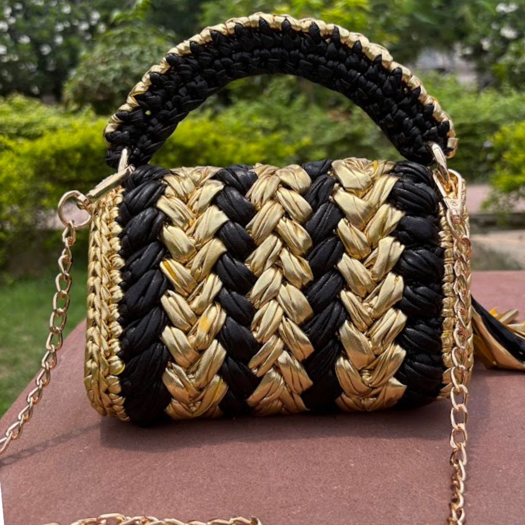 Shiroli Handmade Designer Metallic Gold and Black Stripes Crochet Bag- Image 5