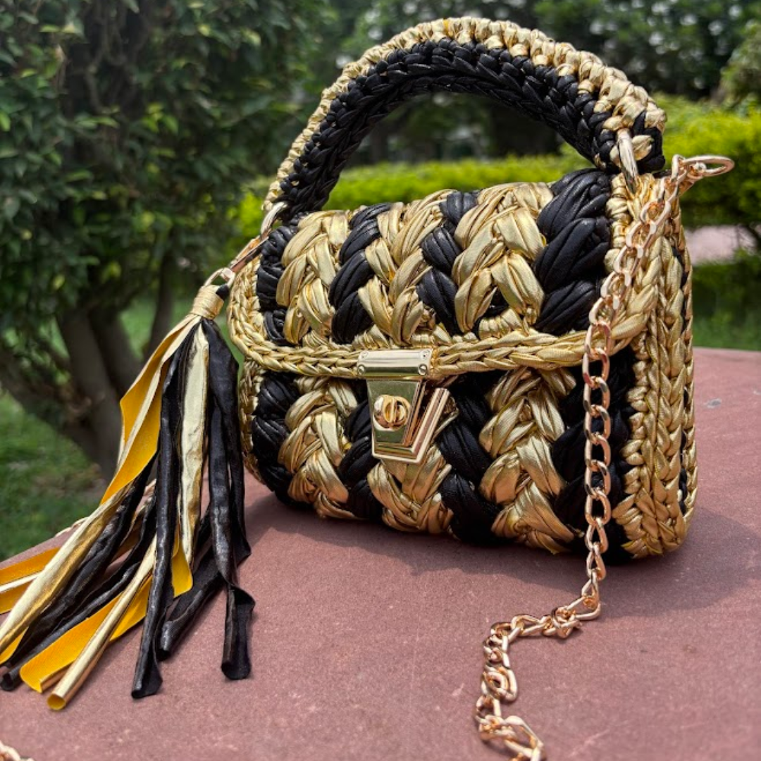 Shiroli Handmade Designer Metallic Gold and Black Stripes Crochet Bag- Image 3