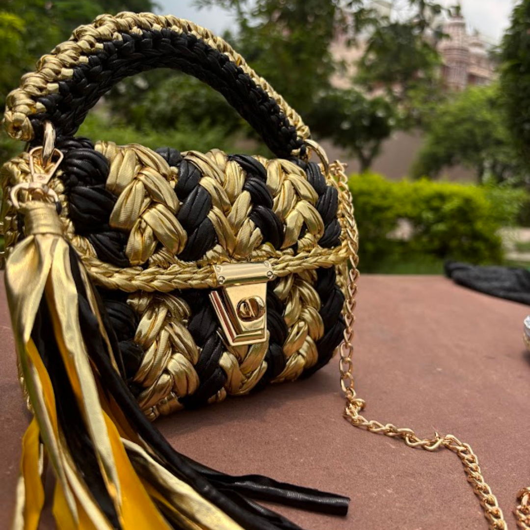 Shiroli Handmade Designer Metallic Gold and Black Stripes Crochet Bag- Image 2