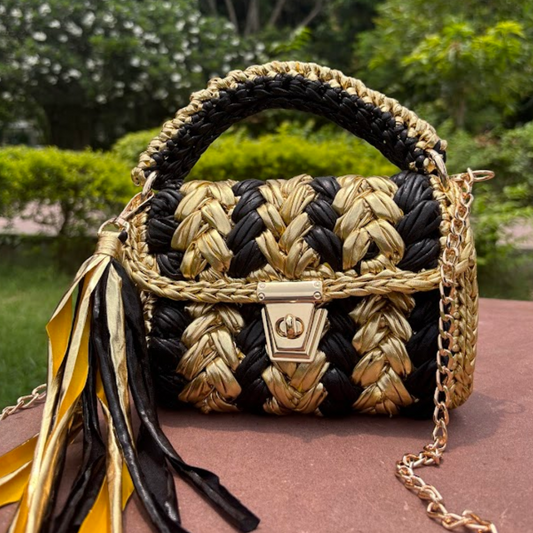 Shiroli Handmade Designer Metallic Gold and Black Stripes Crochet Bag- Image 1