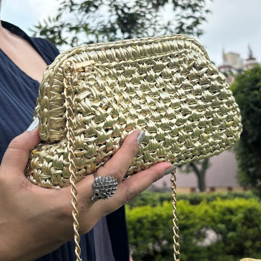 Shiroli Handmade Designer Metallic Golden - Clutch Crochet Bag - Image 1