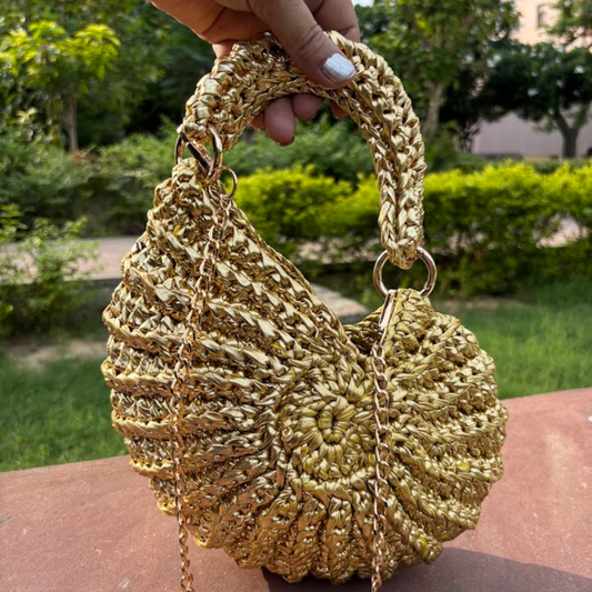 Shiroli Handmade Designer Metallic Golden -  Shell Crochet Bag - Image 5