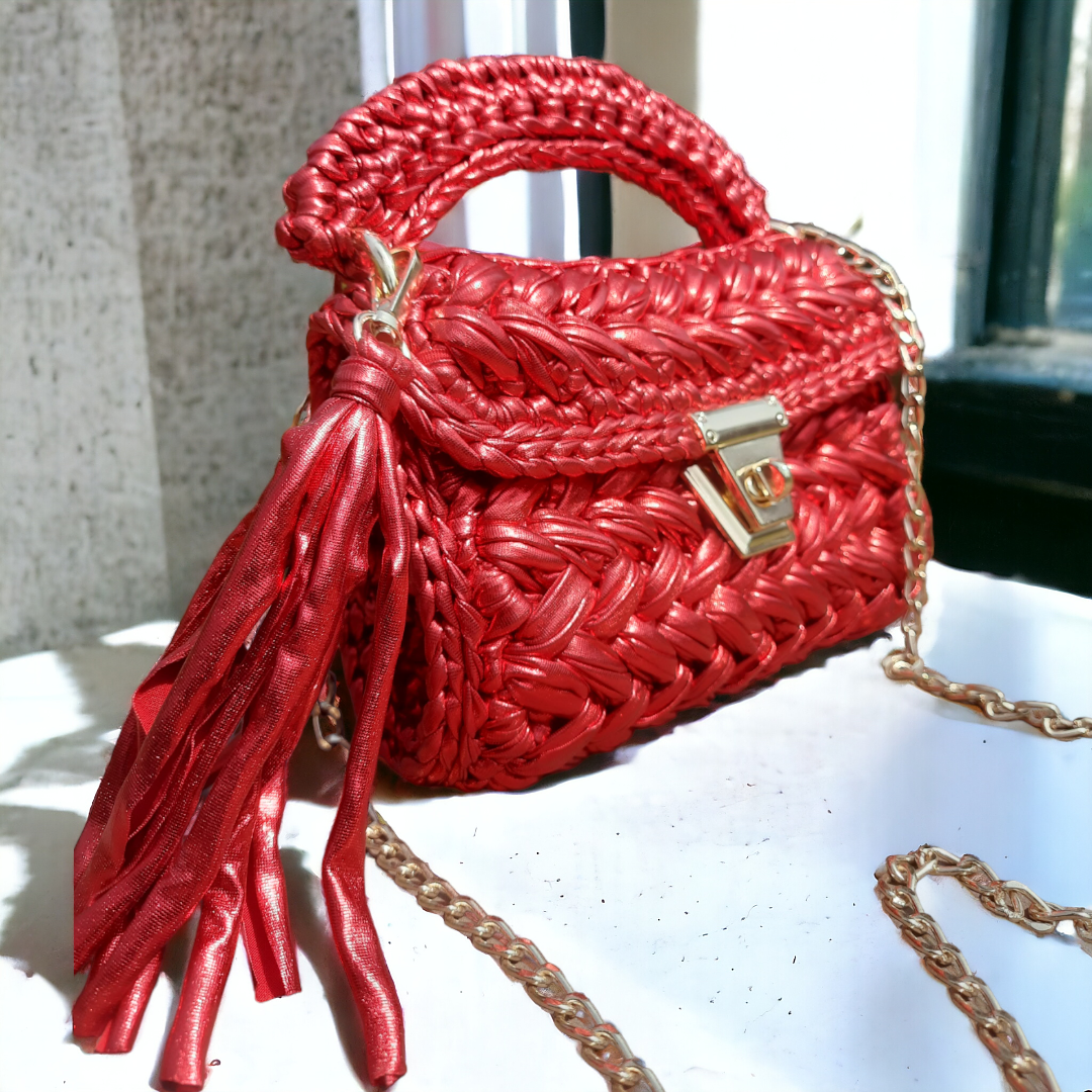 Shiroli Handmade Designer Metallic Hot Red  Crochet Bag - Image 1