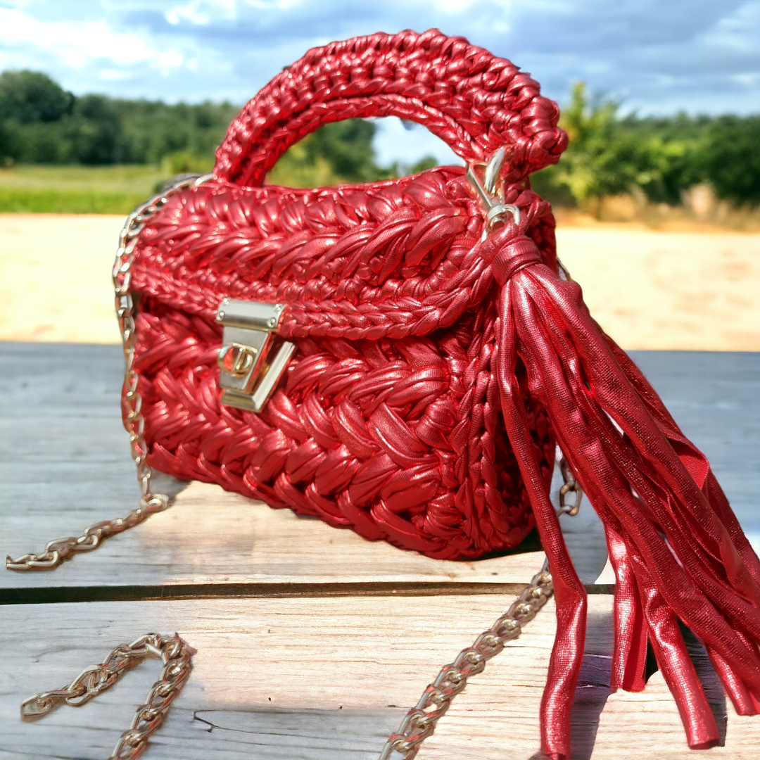 Shiroli Handmade Designer Metallic Hot Red  Crochet Bag - Image 3