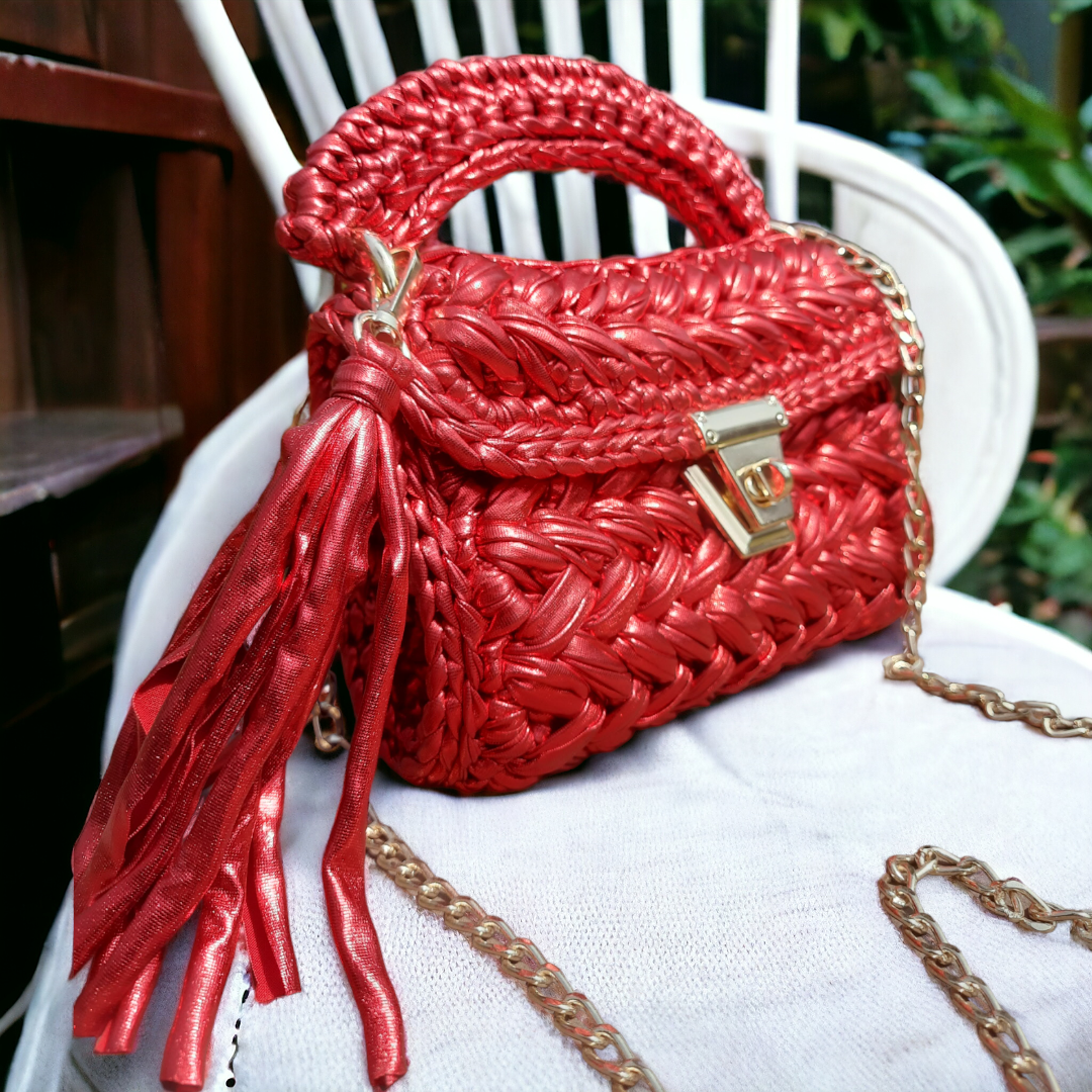 Shiroli Handmade Designer Metallic Hot Red  Crochet Bag - Image 4