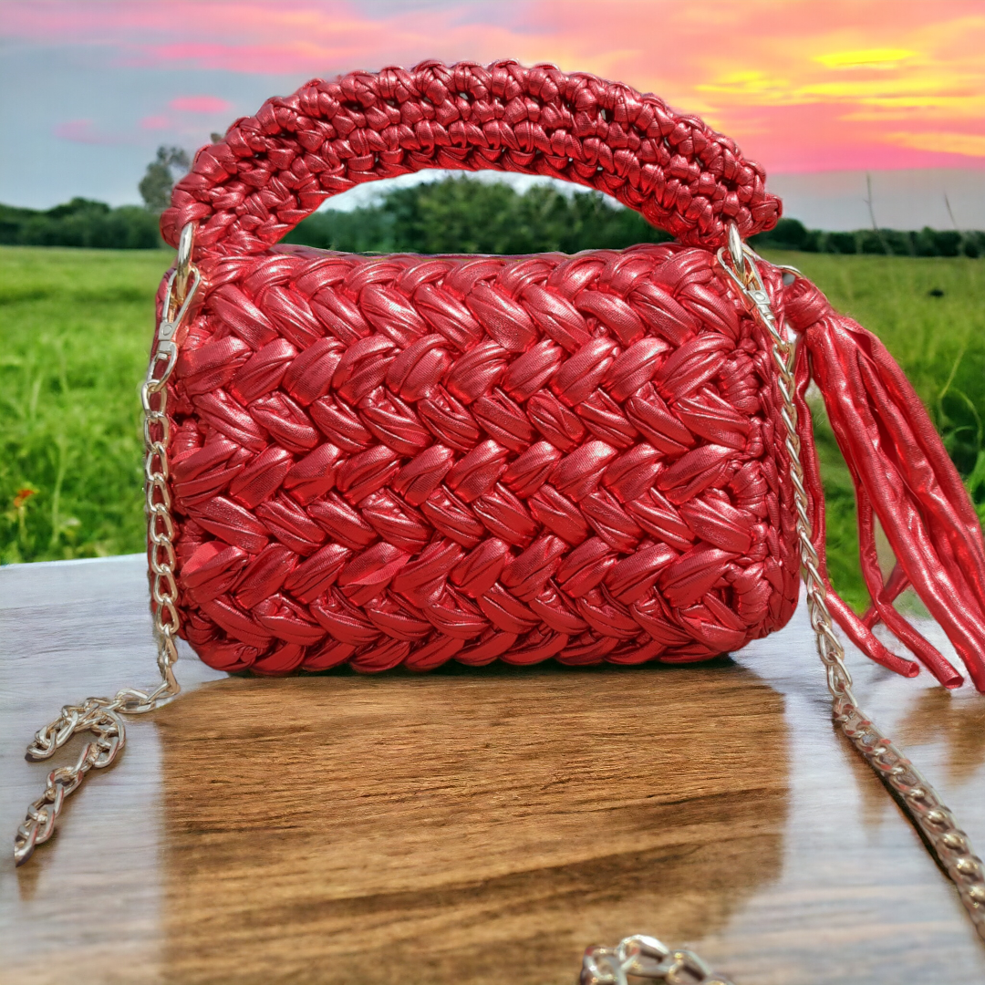 Shiroli Handmade Designer Metallic Hot Red  Crochet Bag - Image 5