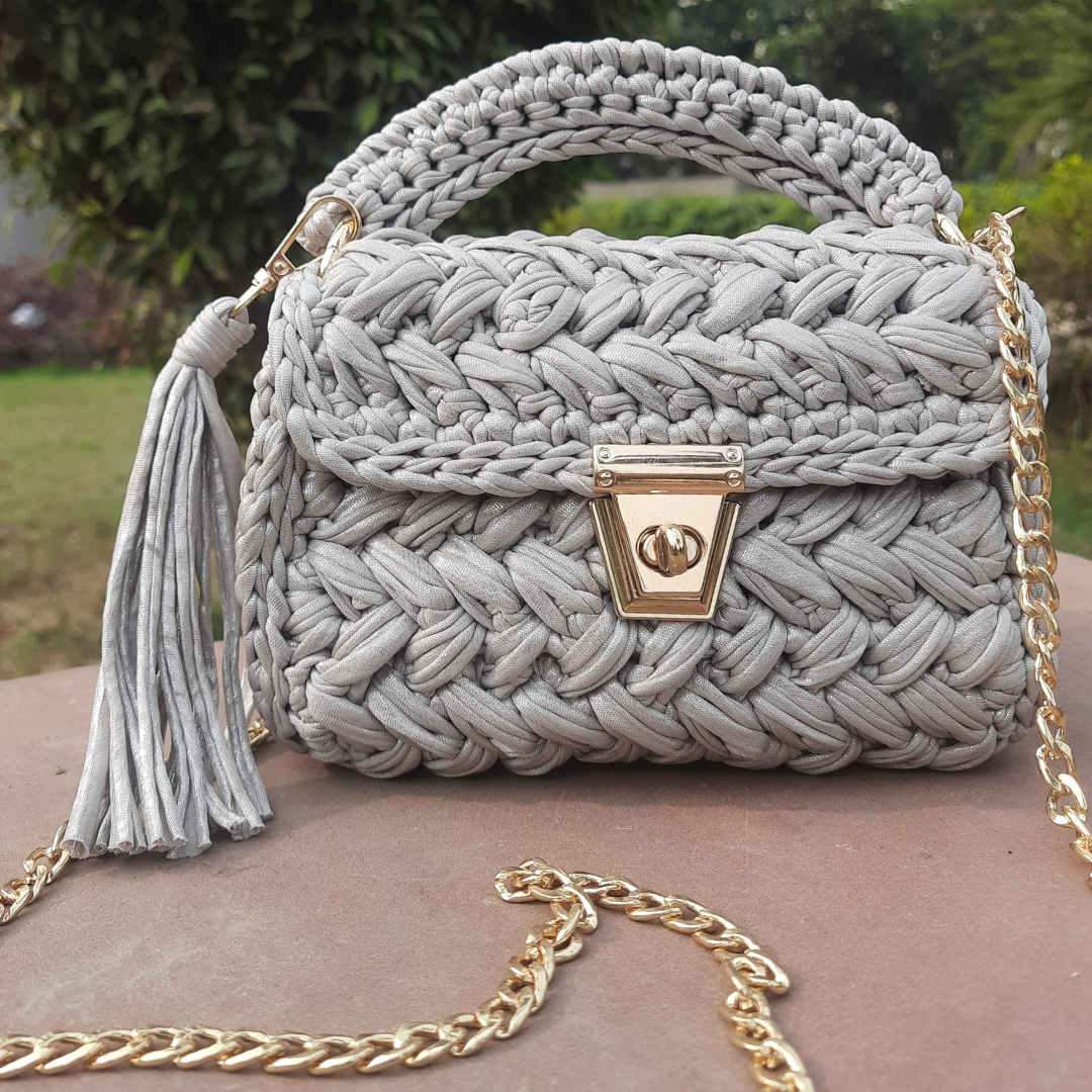 Shiroli Handmade Designer Metallica Grey Crochet Bag - Image 2