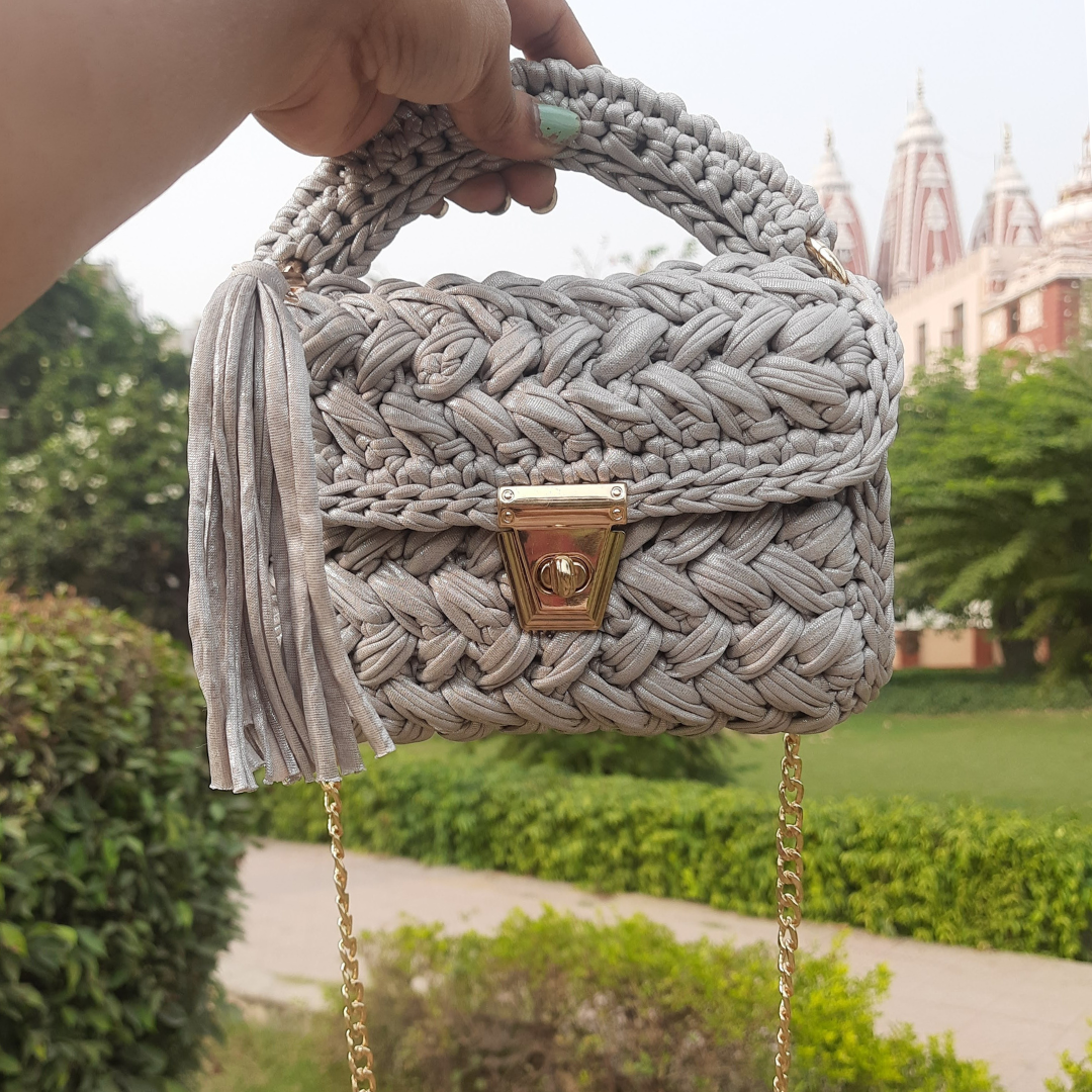 Shiroli Handmade Designer Metallica Grey Crochet Bag - Image 3