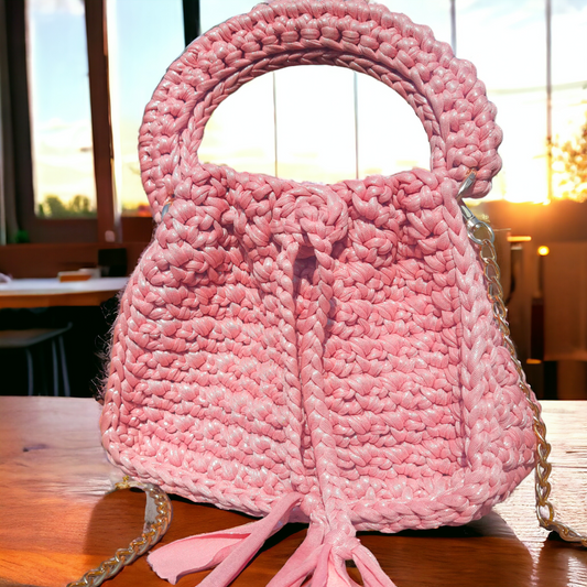 Shiroli Handmade Designer Pink Metallic Drawstring Crochet Bag- Image 1