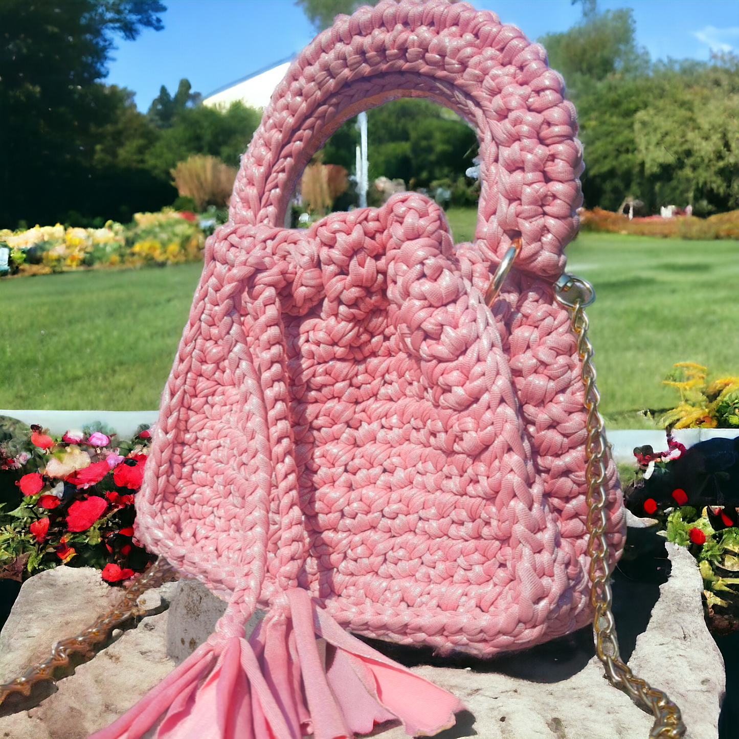 Shiroli Handmade Designer Pink Metallic Drawstring Crochet Bag- Image 2