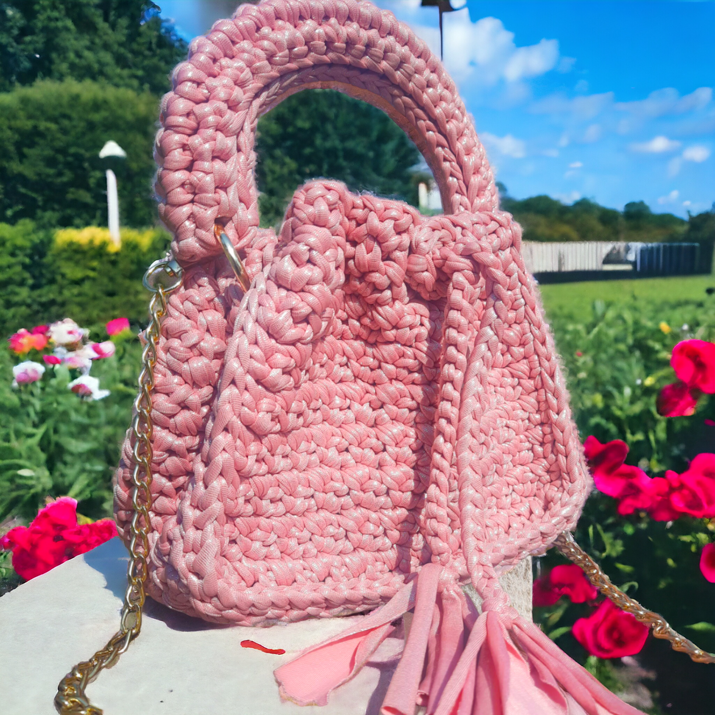 Shiroli Handmade Designer Pink Metallic Drawstring Crochet Bag- Image 3