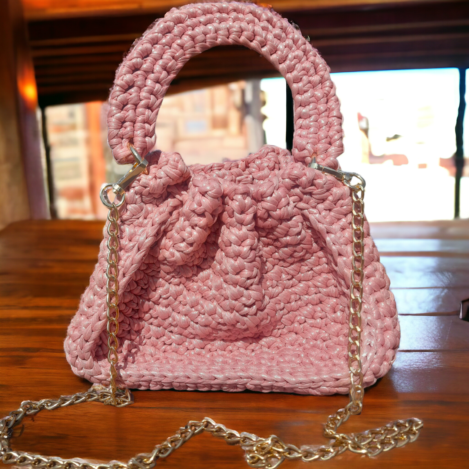 Shiroli Handmade Designer Pink Metallic Drawstring Crochet Bag- Image4