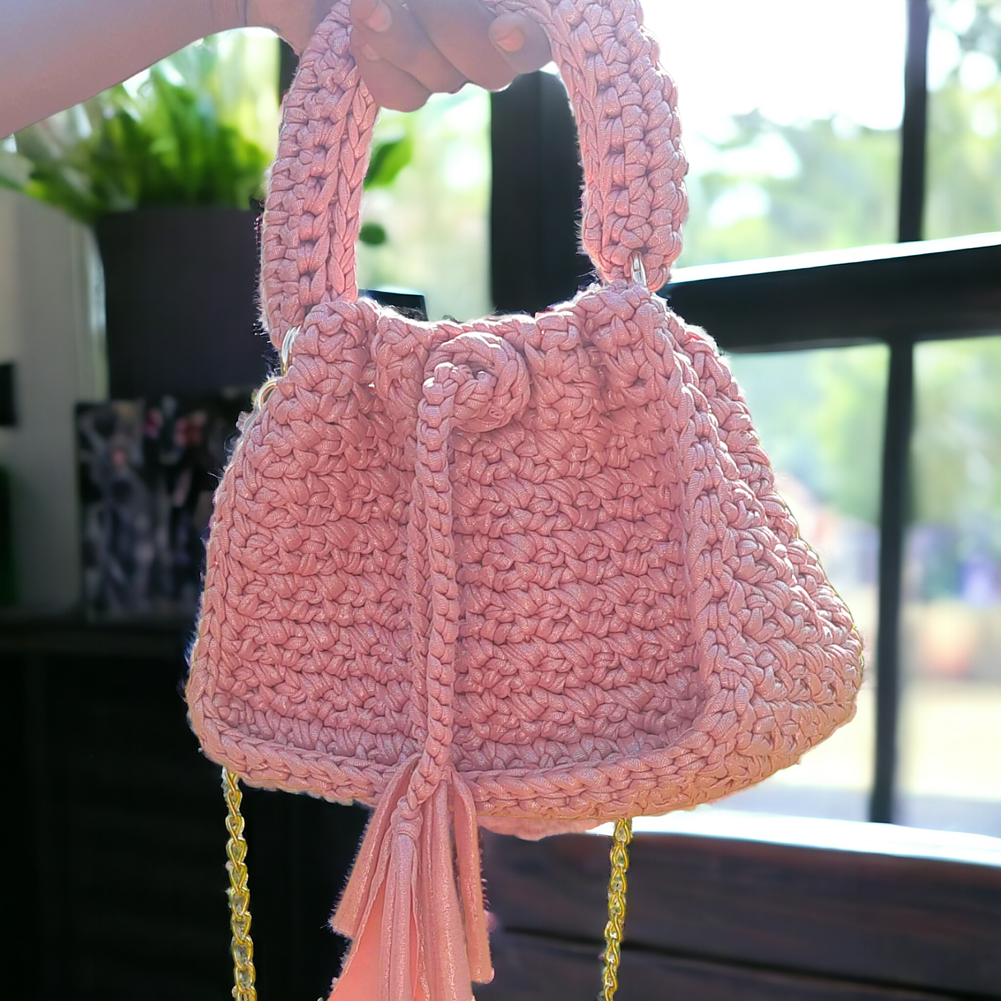 Shiroli Handmade Designer Pink Metallic Drawstring Crochet Bag- Image 5