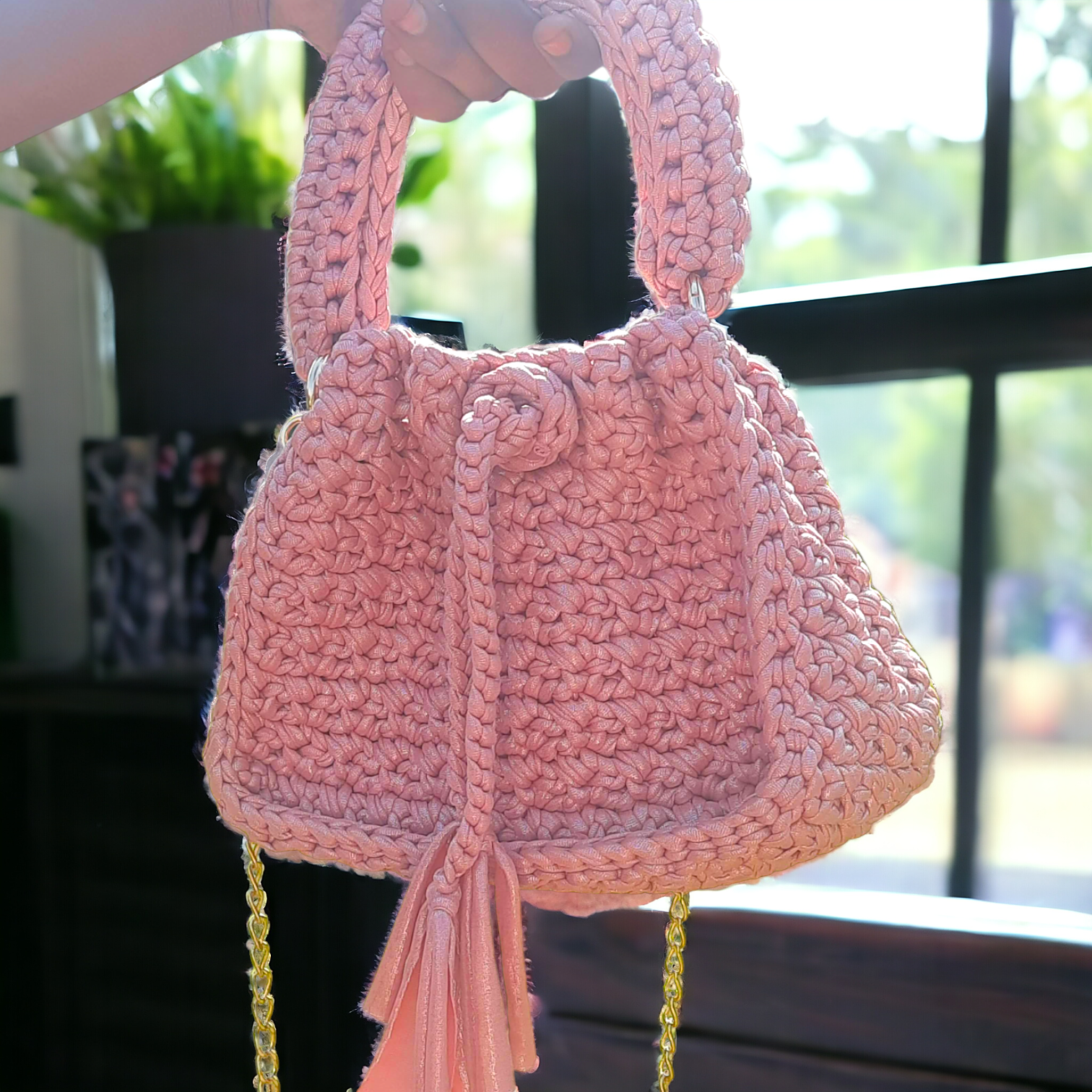 Shiroli Handmade Designer Pink Metallic Drawstring Crochet Bag- Image 5