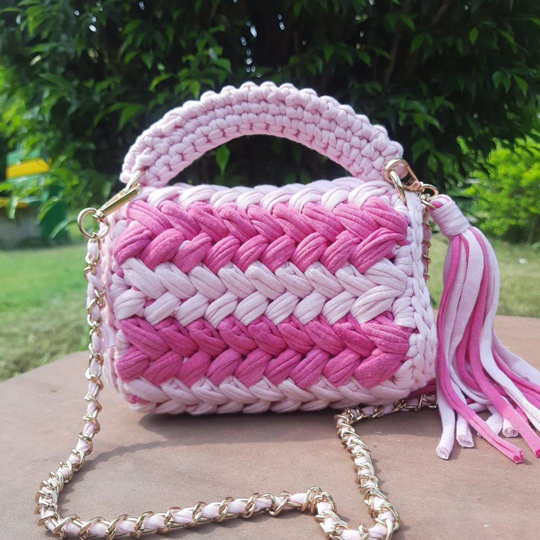 Shiroli Handmade Designer Pink Striped Crochet Bag- Image 2
