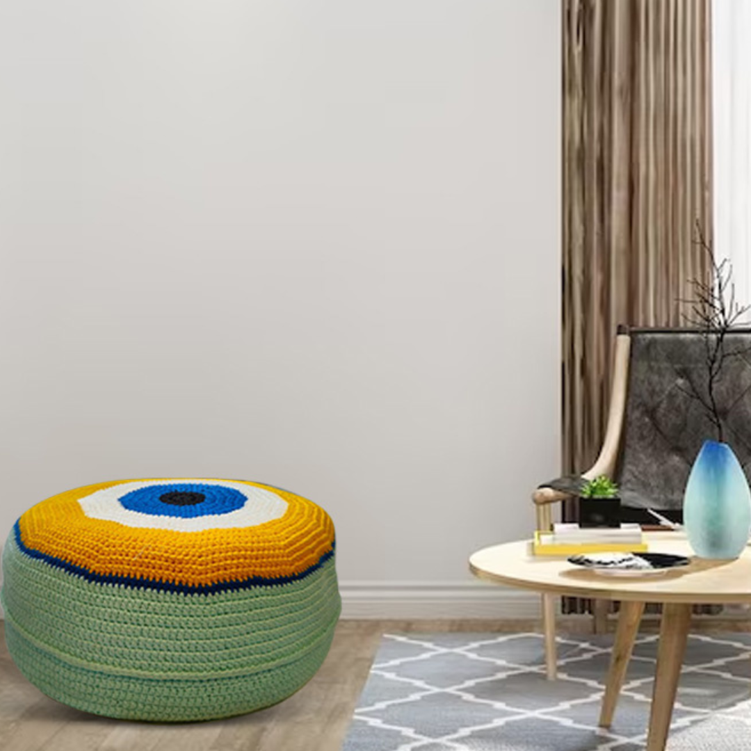Shiroli Handmade Golden Yellow Evil Eye Pouf - Image 1
