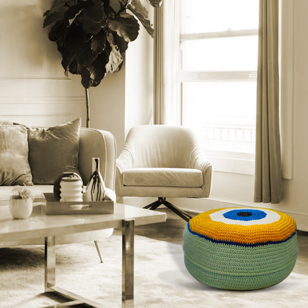 Shiroli Handmade Golden Yellow Evil Eye Pouf - Image 2