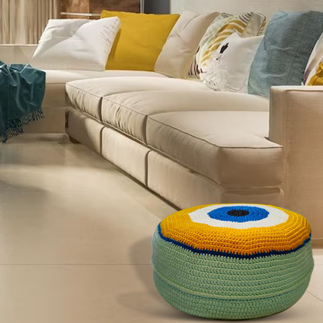 Shiroli Handmade Golden Yellow Evil Eye Pouf - Image 3