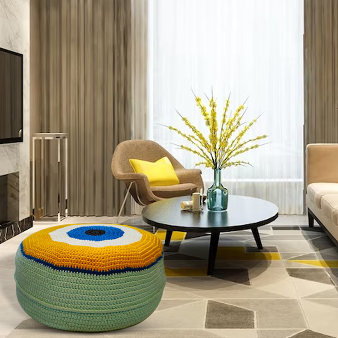 Shiroli Handmade Golden Yellow Evil Eye Pouf - Image 4
