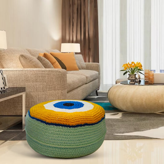 Shiroli Handmade Golden Yellow Evil Eye Pouf - Image 5