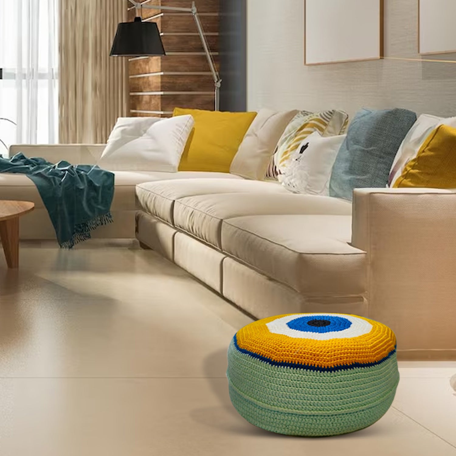 Shiroli Handmade Golden Yellow Evil Eye Pouf - Image 6