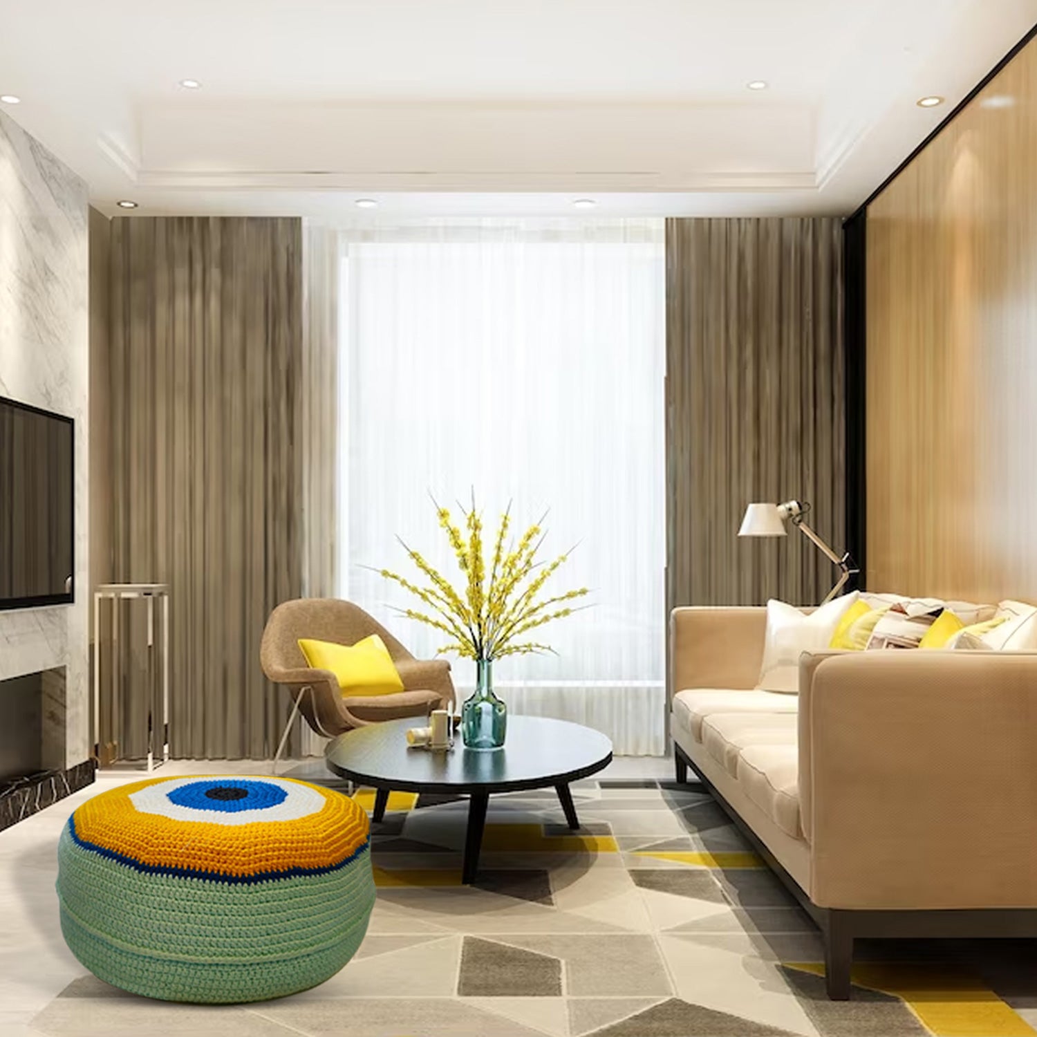 Shiroli Handmade Golden Yellow Evil Eye Pouf - Image 7