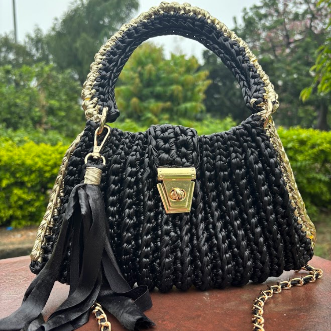 Shiroli Handmade Metallic Black Gold - Trapezoid Crochet Bag With Golden Lock- Image 2