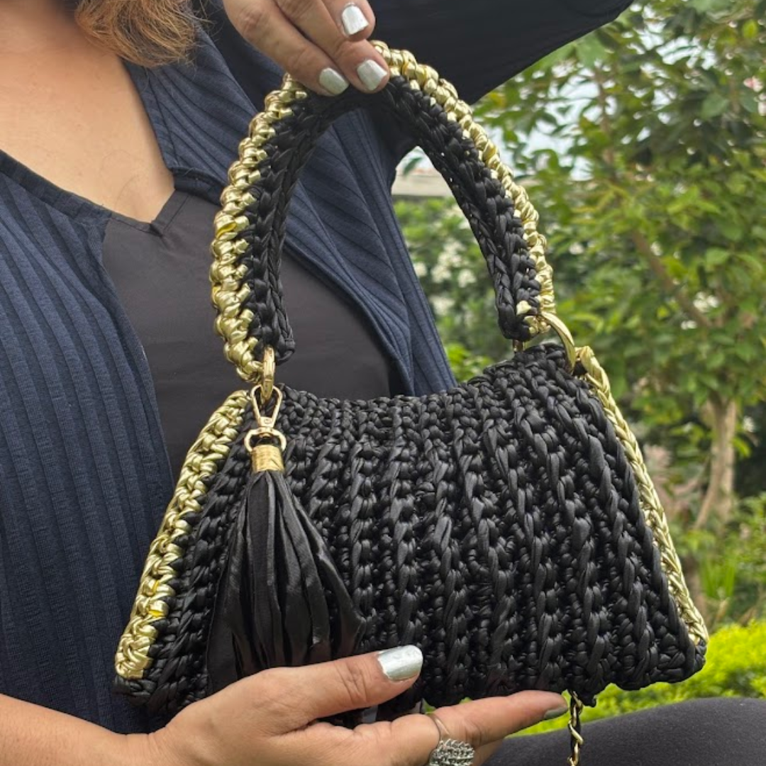 Shiroli Handmade Metallic Black With Golden Border - Trapezoid Crochet Bag - Image 5
