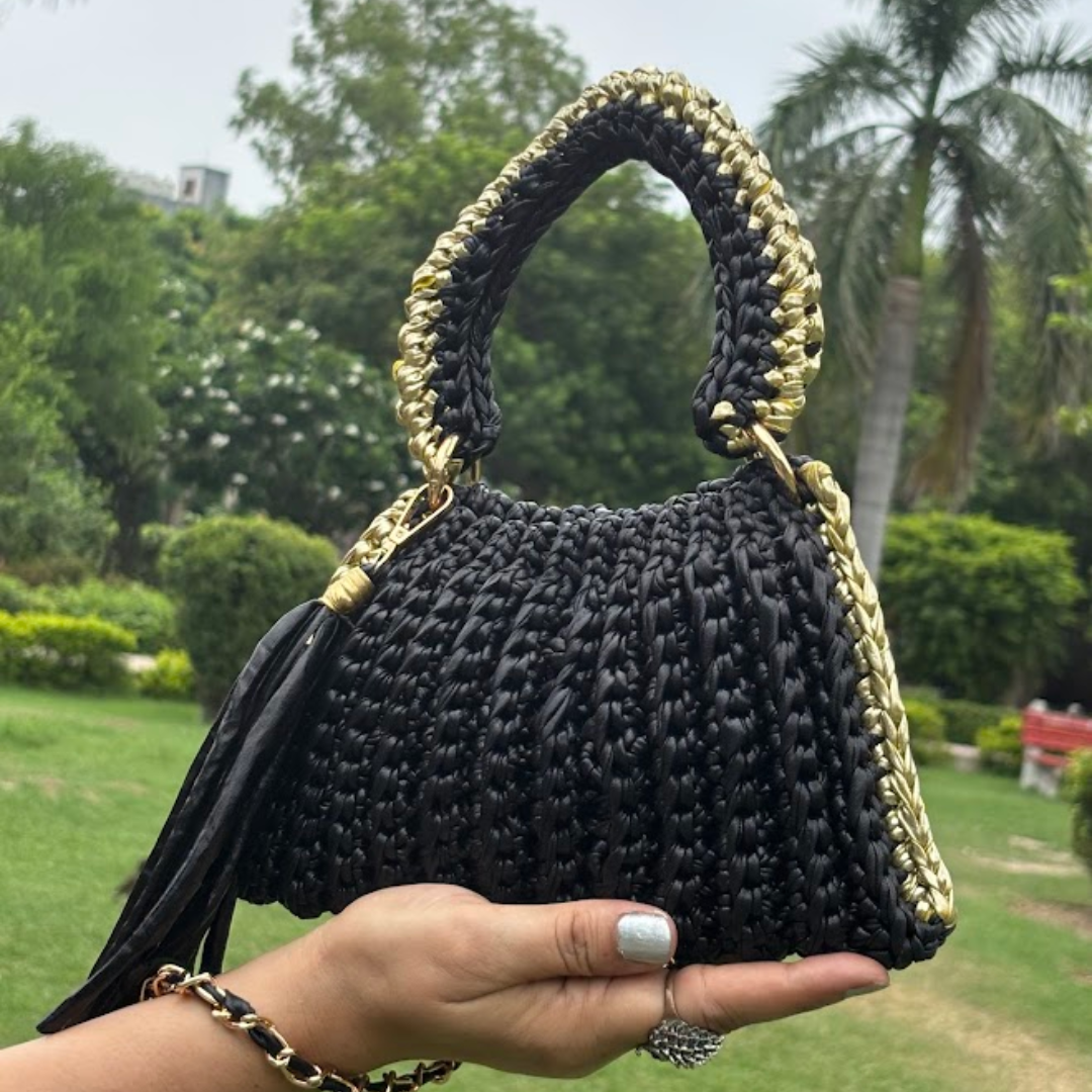 Shiroli Handmade Metallic Black With Golden Border - Trapezoid Crochet Bag - Image 4