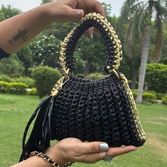 Shiroli Handmade Metallic Black With Golden Border - Trapezoid Crochet Bag