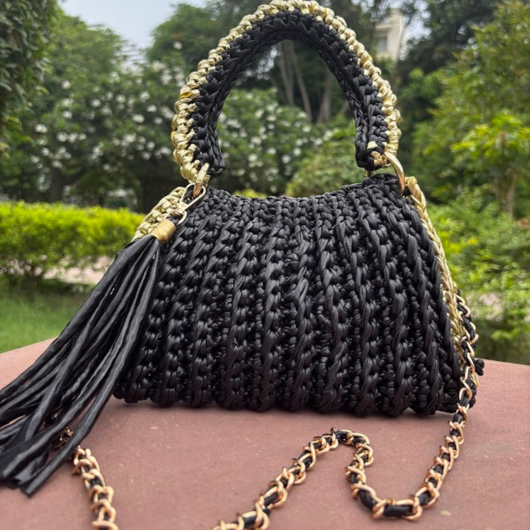 Shiroli Handmade Metallic Black With Golden Border - Trapezoid Crochet Bag - Image 2