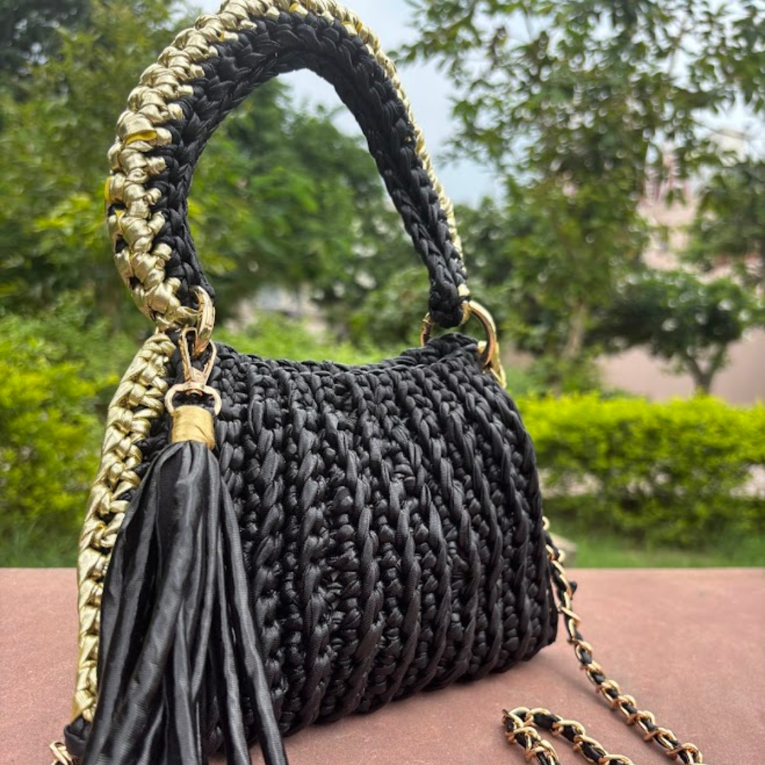 Shiroli Handmade Metallic Black With Golden Border - Trapezoid Crochet Bag - Image 3