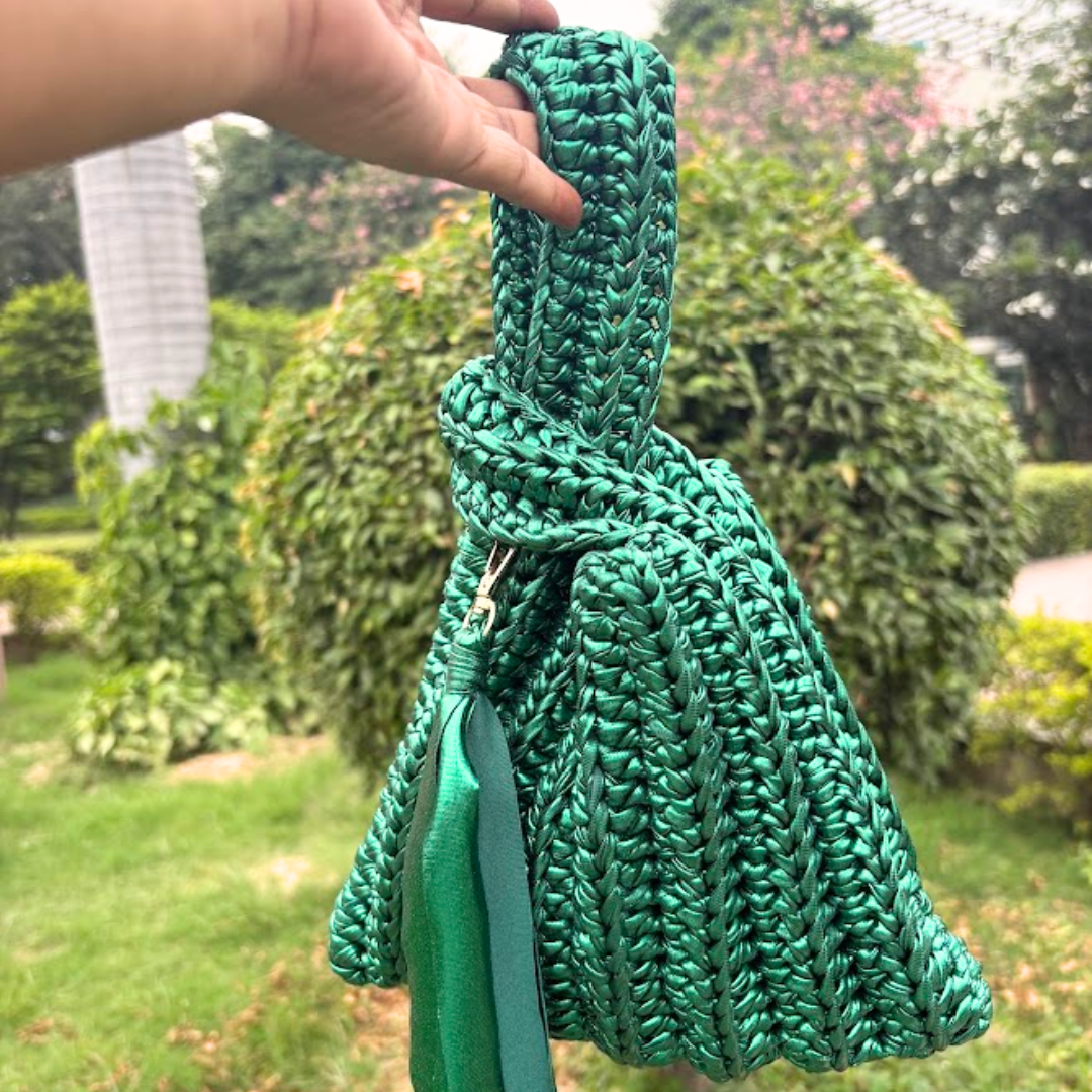 Shiroli Handmade Metallic Emerald Green - Japanese Knot Crochet Bag - Image 1
