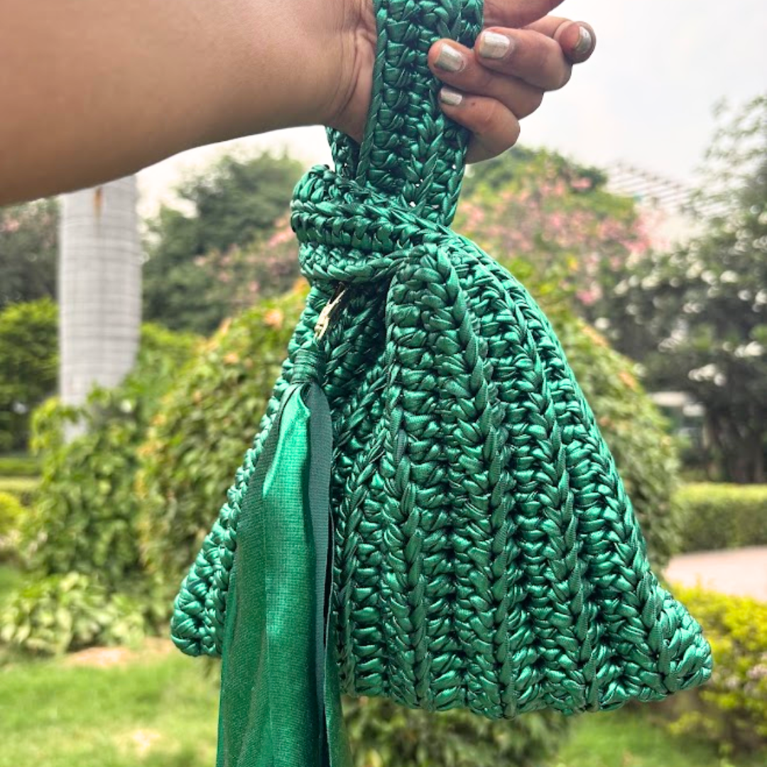 Shiroli Handmade Metallic Emerald Green - Japanese Knot Crochet Bag - Image 3