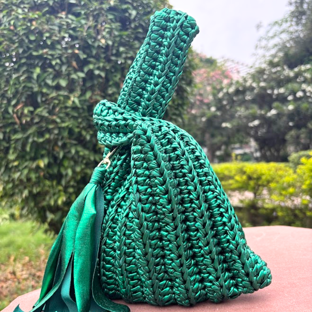Shiroli Handmade Metallic Emerald Green - Japanese Knot Crochet Bag - Image 4